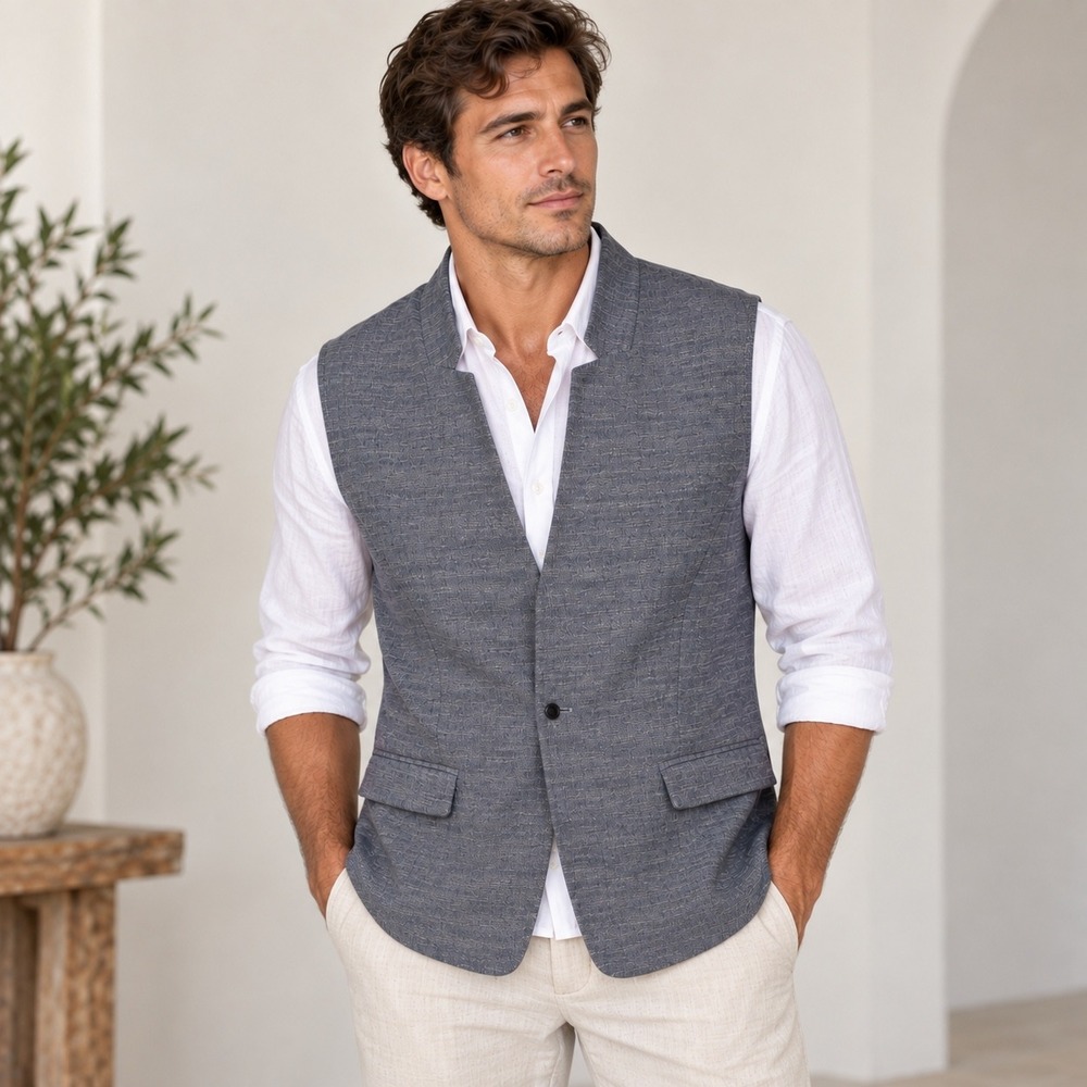 Primo Emporio Mens Blue White Textured Cotton Vest Made in Italy Size 50